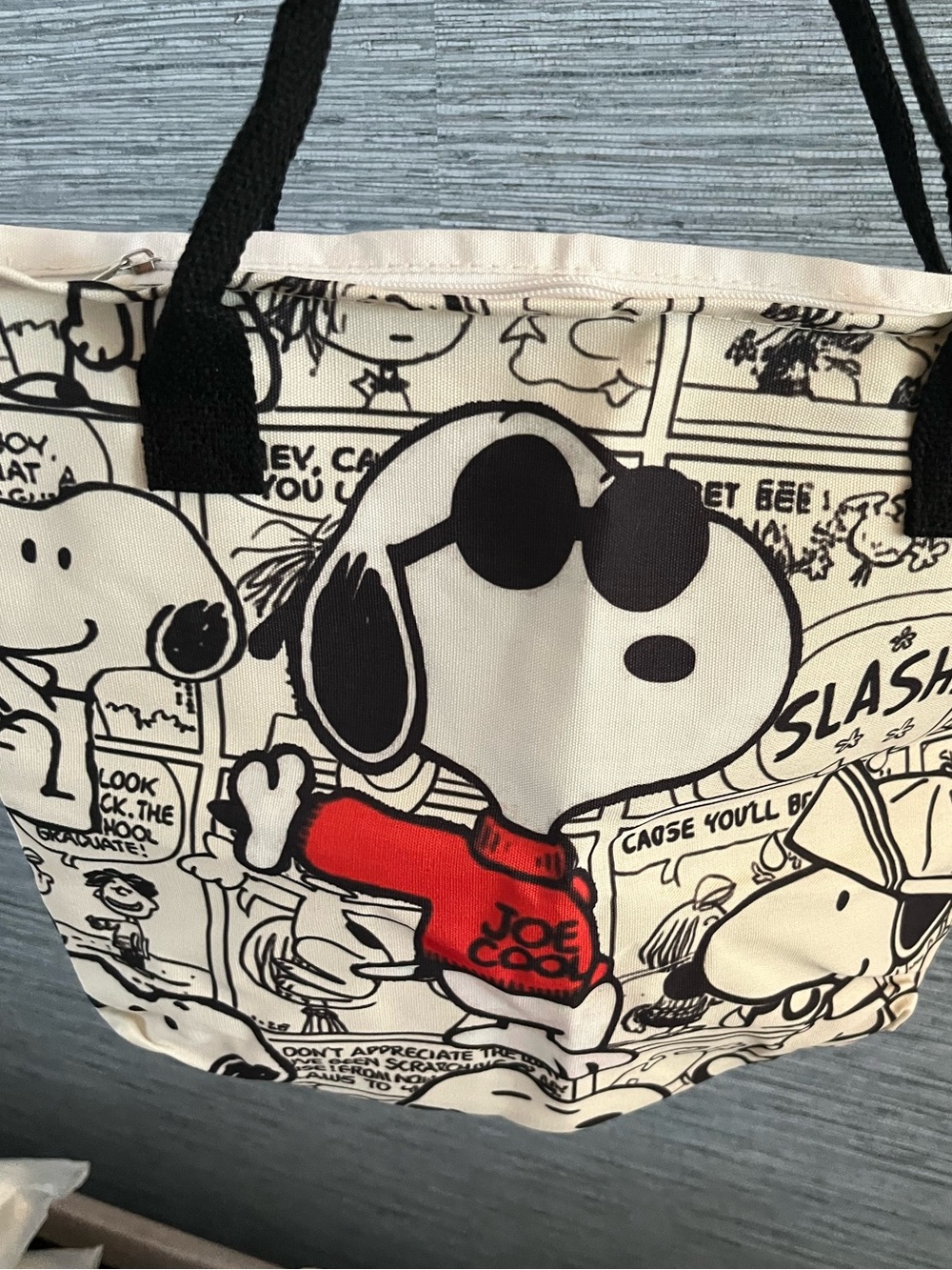 Peanuts Joe Cool Snoopy Comic Canvas Tote in White, Black and Red